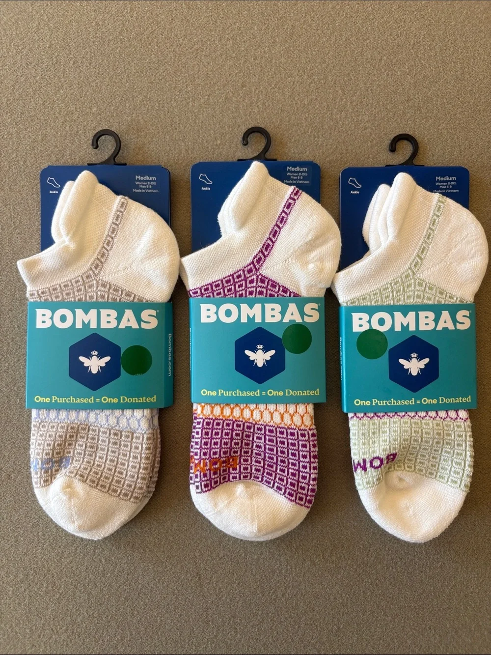 3 Bombas White Low-Cut Socks Unisex Women Medium Blue Khaki Purple Orange Green